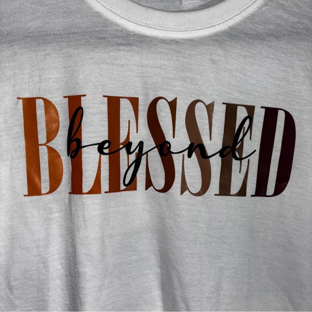 White Graphic Tee Beyond Blessed Print Women's Size Large - Picture 3 of 3